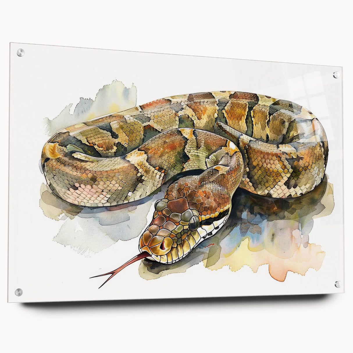 Colorful snake-themed wall art design displayed in a sleek acrylic frame, showcasing intricate details and vibrant colors, perfect for reptile enthusiasts.