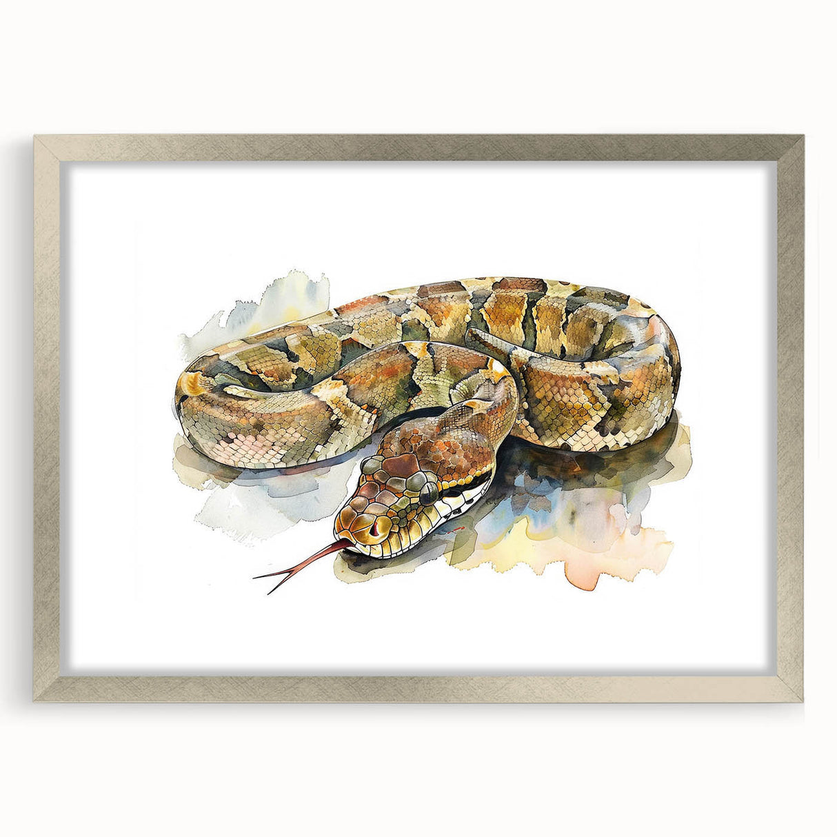Framed wall art featuring a detailed snake design in silver, showcasing intricate scales and vibrant colors, ideal for reptile enthusiasts and modern decor.