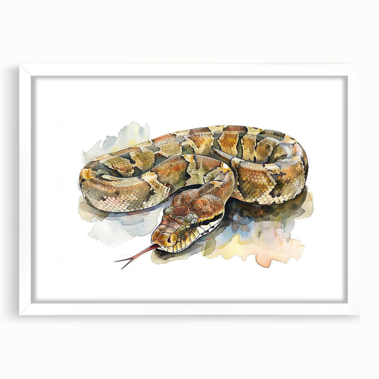 Framed wall art featuring a striking reptile snake design, presented in a sleek white frame with a mat. Perfect for animal lovers and modern decor enthusiasts.