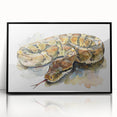Framed wall art featuring a striking snake design in vibrant colors, showcased in a sleek black frame, perfect for reptile enthusiasts and modern decor.
