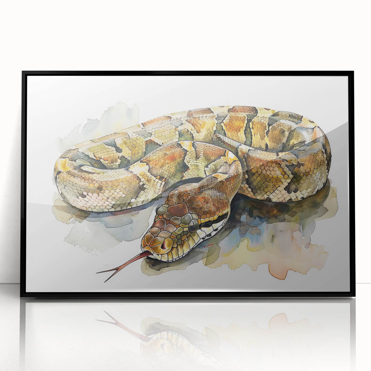 Framed wall art featuring a striking snake design in vibrant colors, showcased in a sleek black frame, perfect for reptile enthusiasts and modern decor.