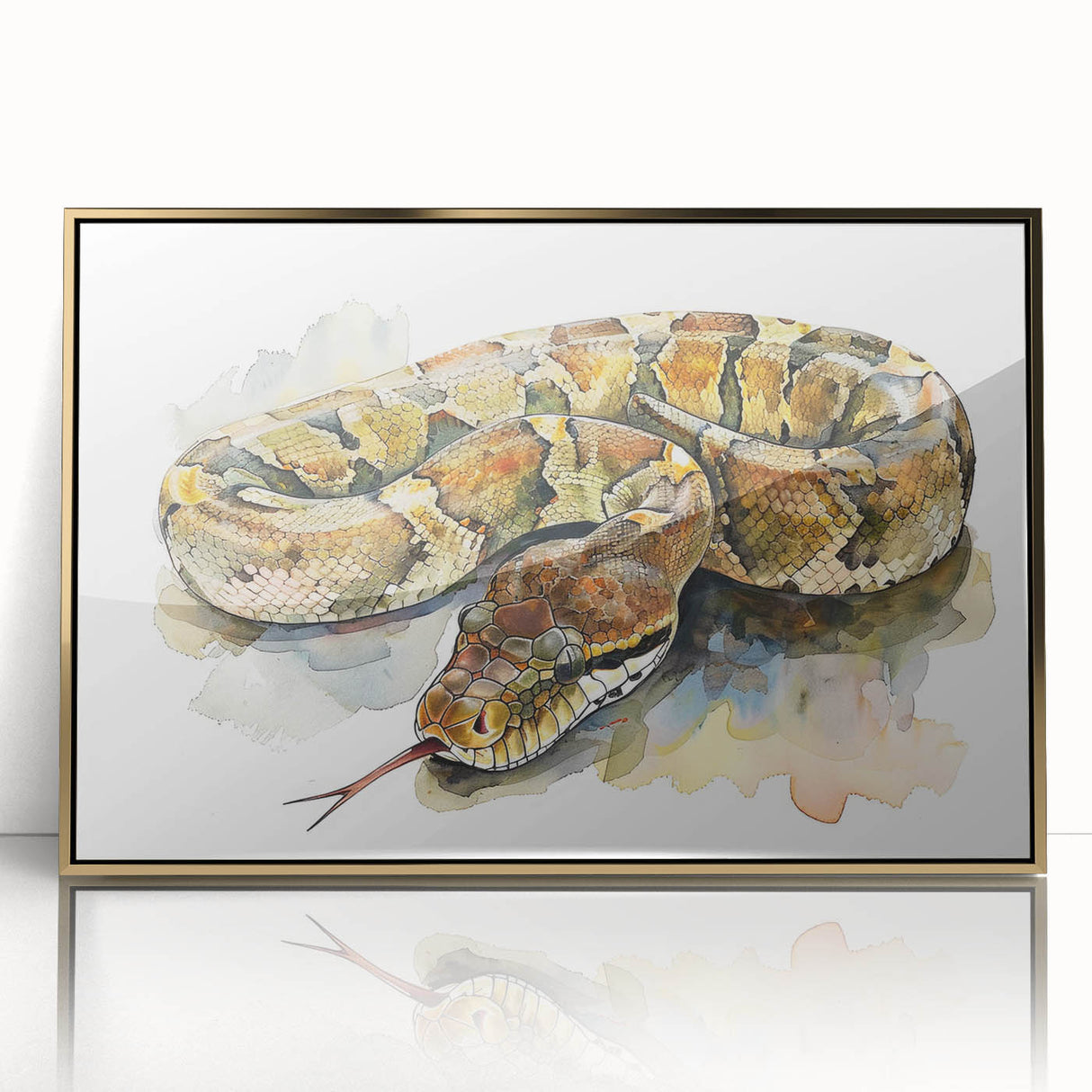 Framed wall art featuring a striking snake design in gold acrylic, showcasing intricate details and vibrant colors, perfect for reptile lovers and modern decor enthusiasts.