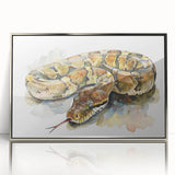 Framed wall art featuring a detailed reptile and snake design in a sleek silver frame, showcasing vibrant colors and intricate patterns, perfect for nature lovers.