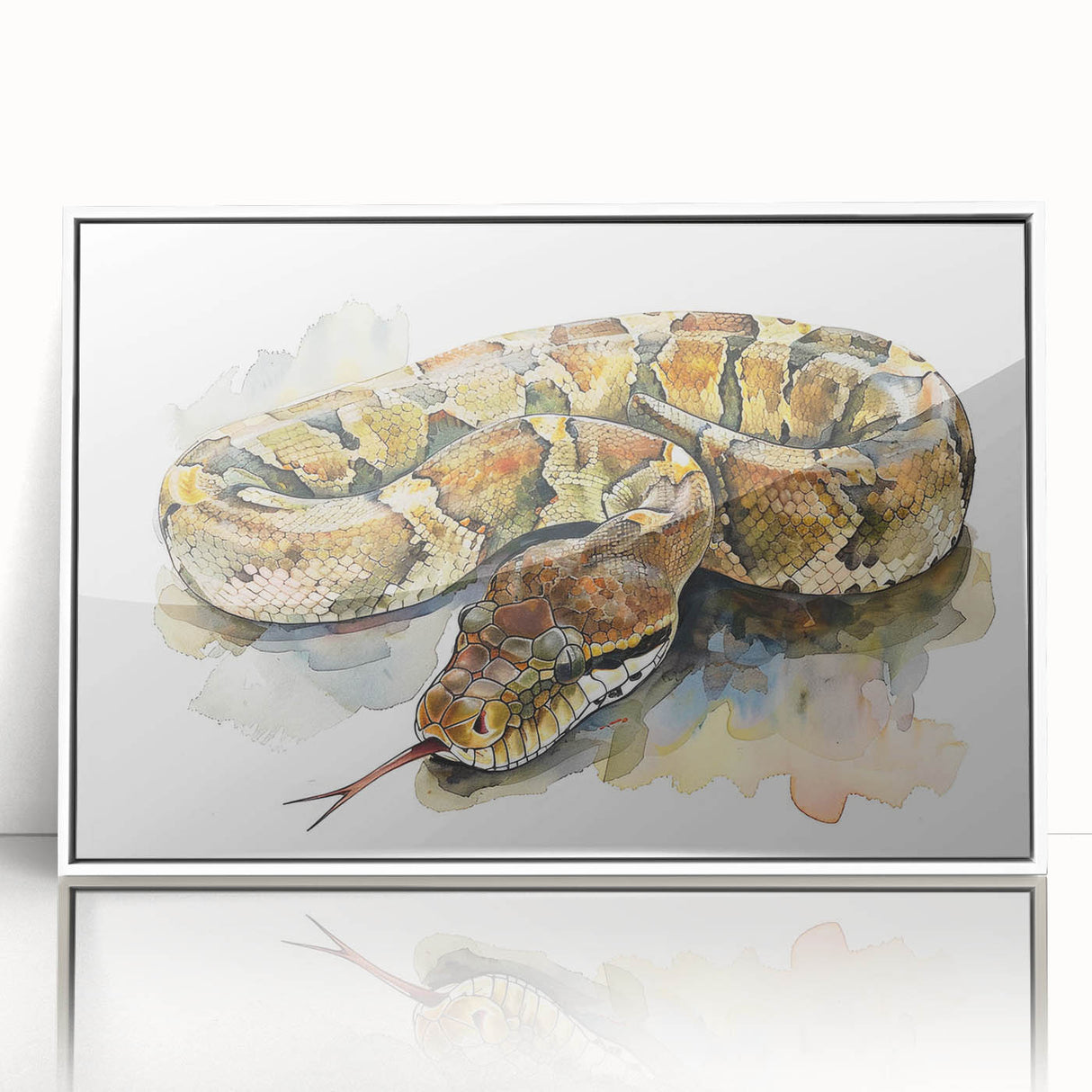 Framed wall art featuring a striking reptile snake design in vibrant colors, displayed in an elegant white frame, perfect for adding a unique touch to any room decor.