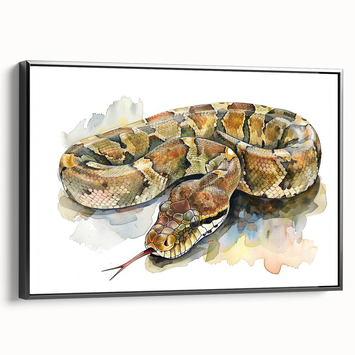 Framed wall art featuring a detailed snake design on a textured canvas, showcasing vibrant colors and intricate scales, perfect for reptile enthusiasts.