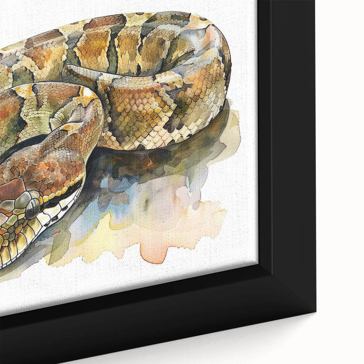 Close-up of a framed canvas art piece featuring a vibrant reptile snake design, showcasing intricate details and bold colors, perfect for modern home decor.