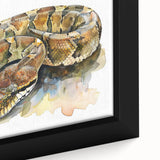 Close-up of a framed canvas art piece featuring a vibrant reptile snake design, showcasing intricate details and bold colors, perfect for modern home decor.