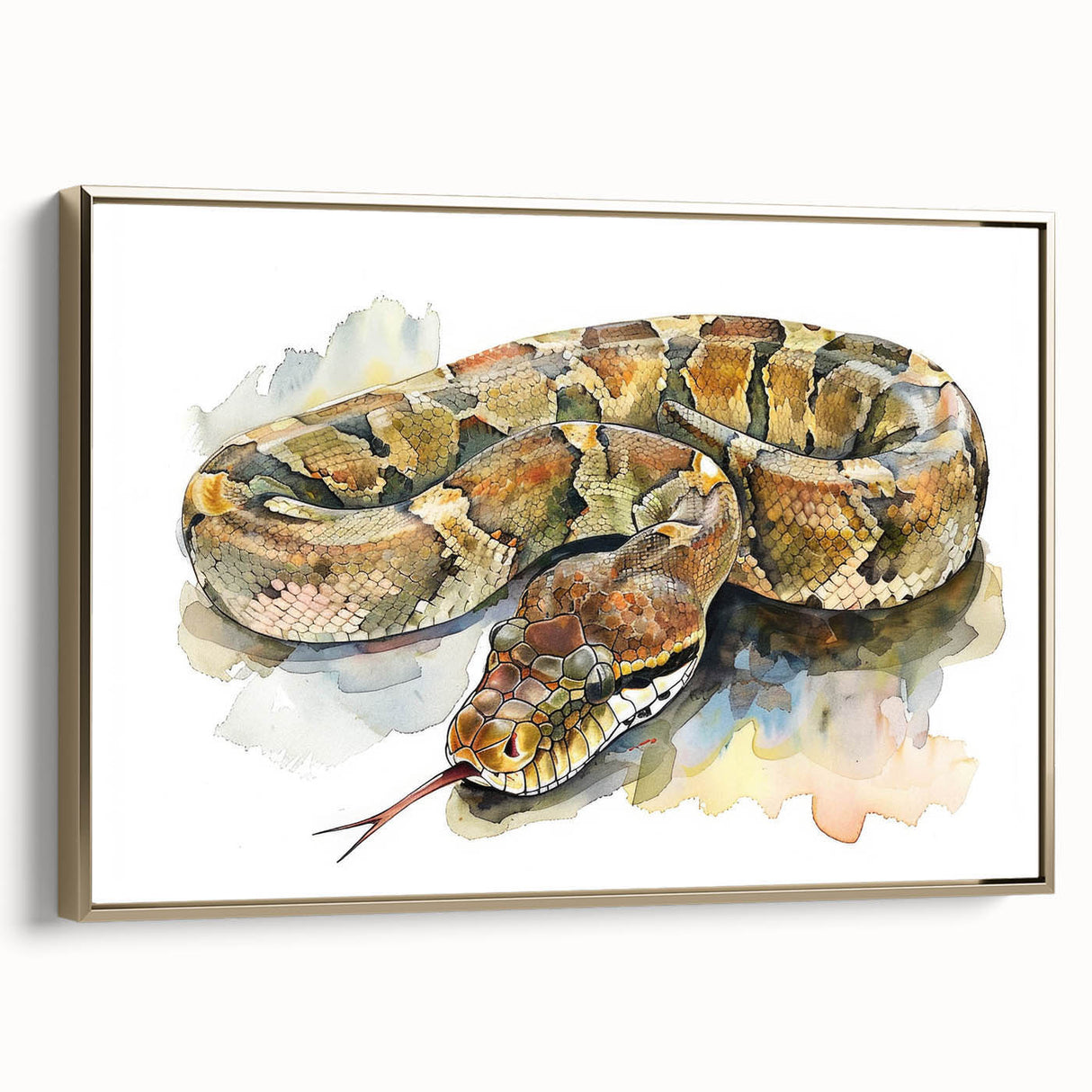 Framed wall art featuring a gold-accented snake design on textured canvas, ideal for reptile enthusiasts, adding elegance to home decor.