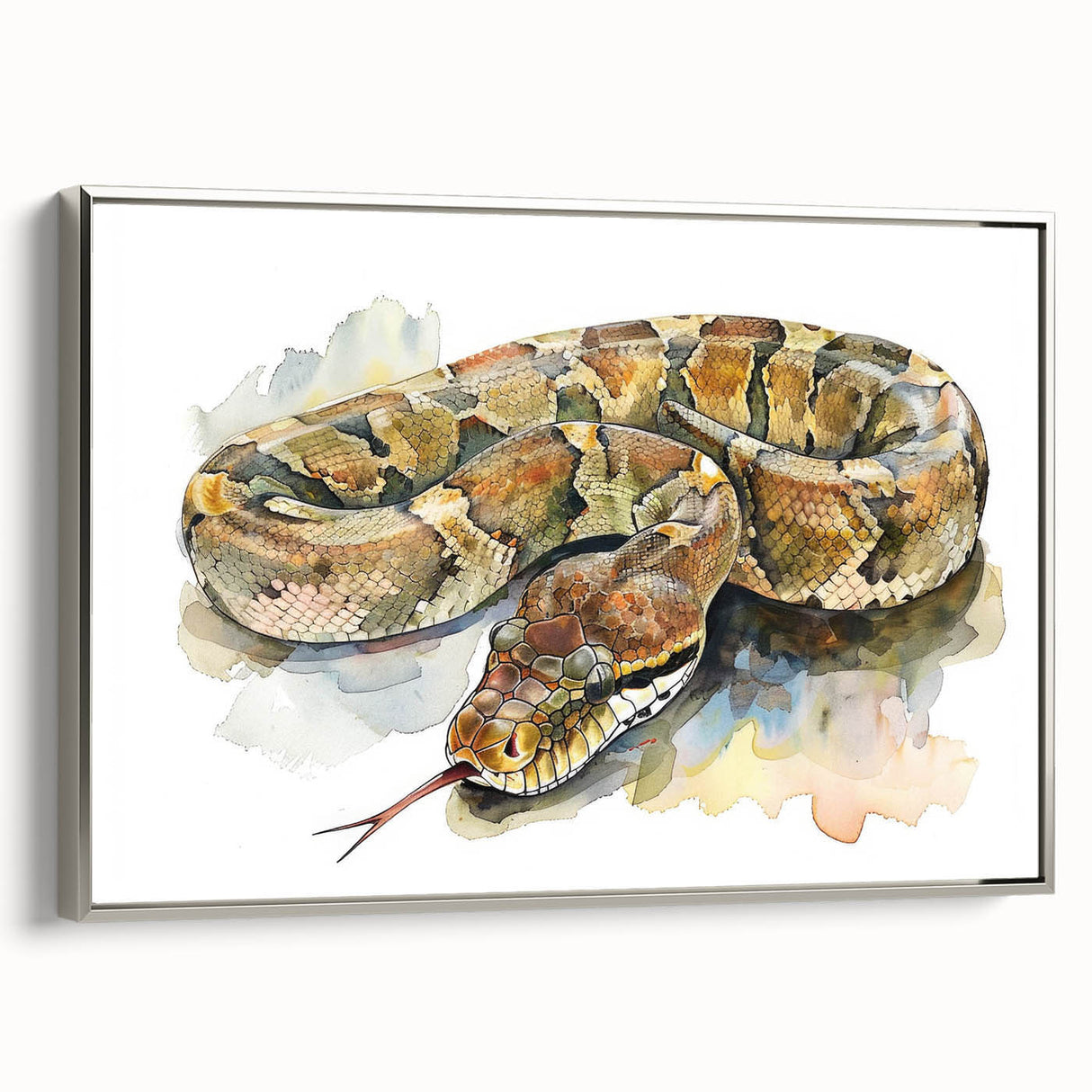 Framed wall art featuring a striking silver snake design on canvas, showcasing intricate details and vibrant colors, ideal for reptile enthusiasts and modern decor.