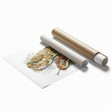 Abstract snake-themed wall art print showcasing intricate reptile designs in vibrant colors, rolled and ready for display, perfect for nature enthusiasts and home decor.