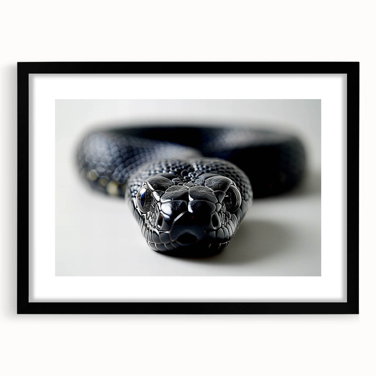Framed wall art featuring a detailed reptile snake design in vibrant colors, displayed against a sleek black matte frame, perfect for enhancing modern decor.