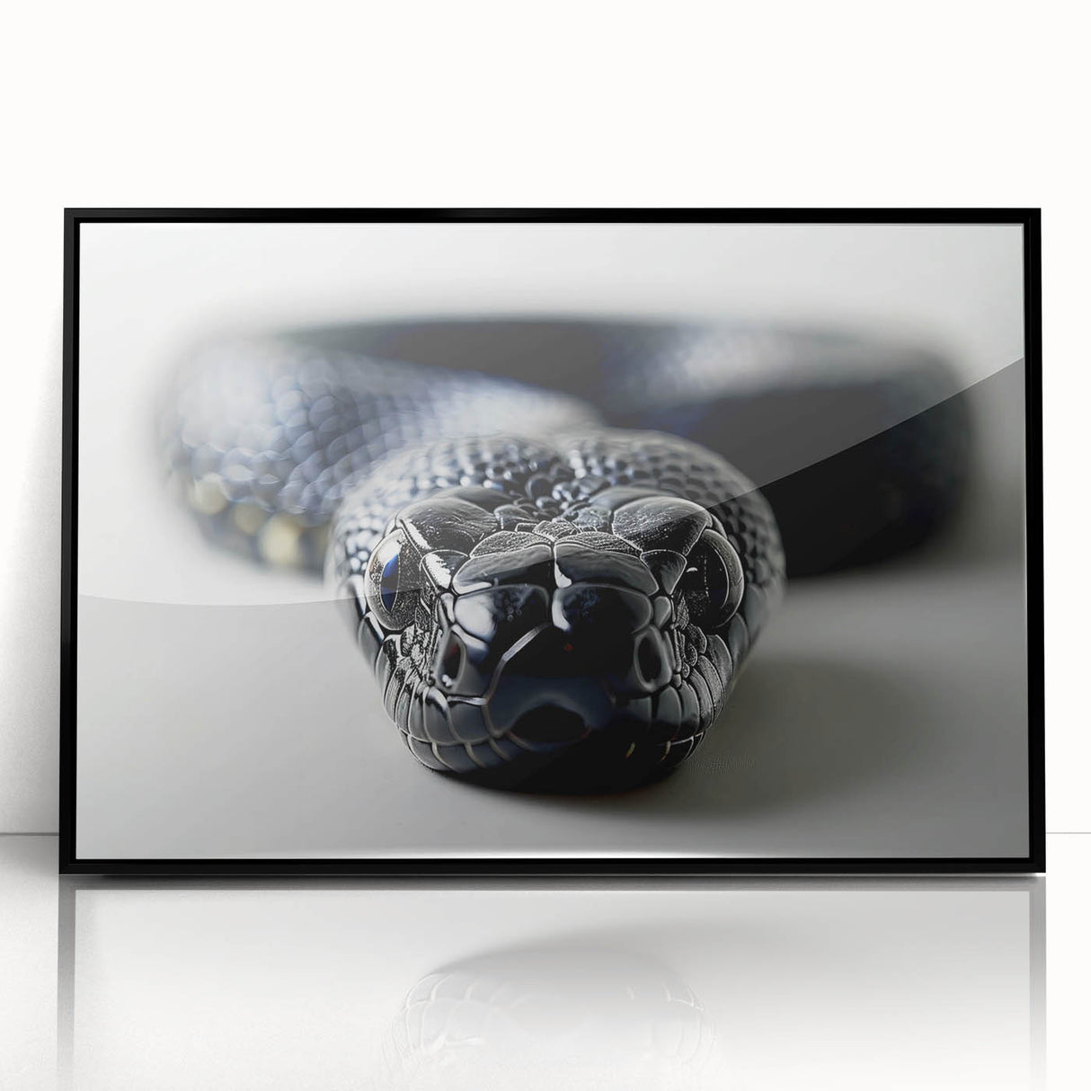 Framed acrylic wall art featuring a detailed snake design in vibrant colors, set against a sleek black background, ideal for reptile enthusiasts and home decor lovers.
