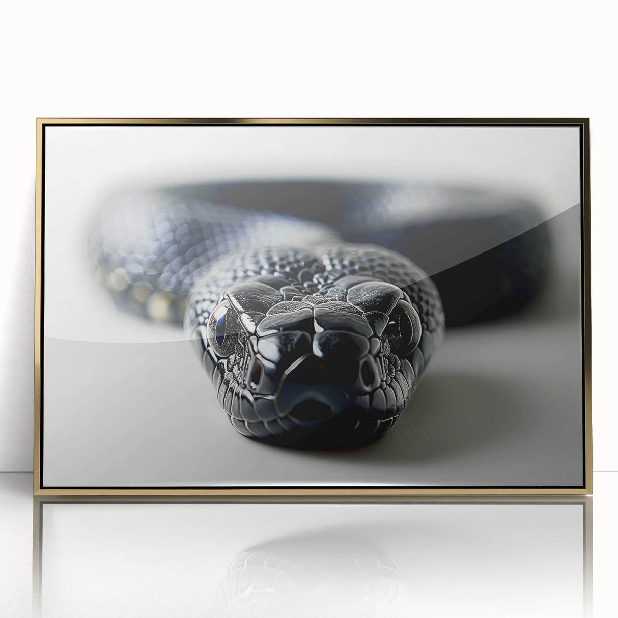 Framed wall art featuring a striking snake design in gold acrylic, showcasing intricate details and a modern aesthetic, perfect for reptile enthusiasts and home decor.