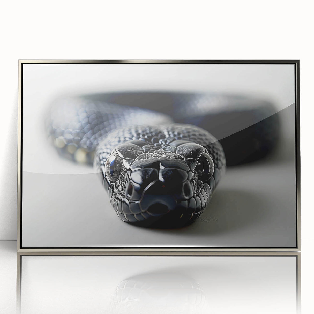 Framed wall art featuring a striking silver-accented snake design, showcasing intricate details and vibrant colors, perfect for reptile enthusiasts and modern decor.