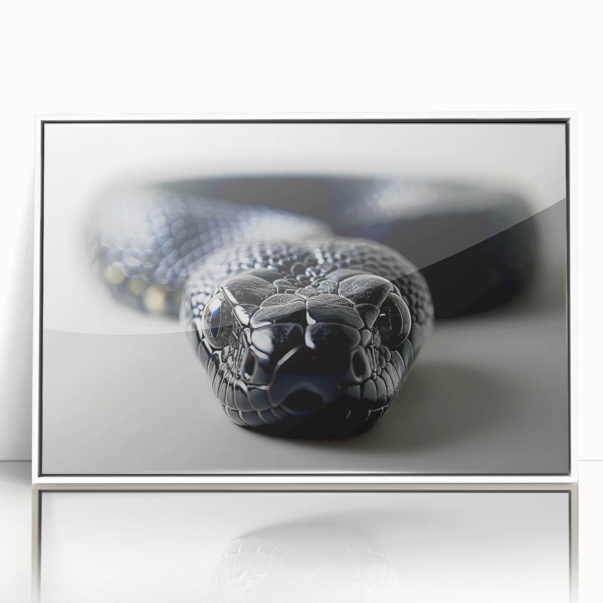 Framed wall art featuring a striking snake design in vibrant colors, with a sleek white frame, perfect for reptile enthusiasts and modern decor.