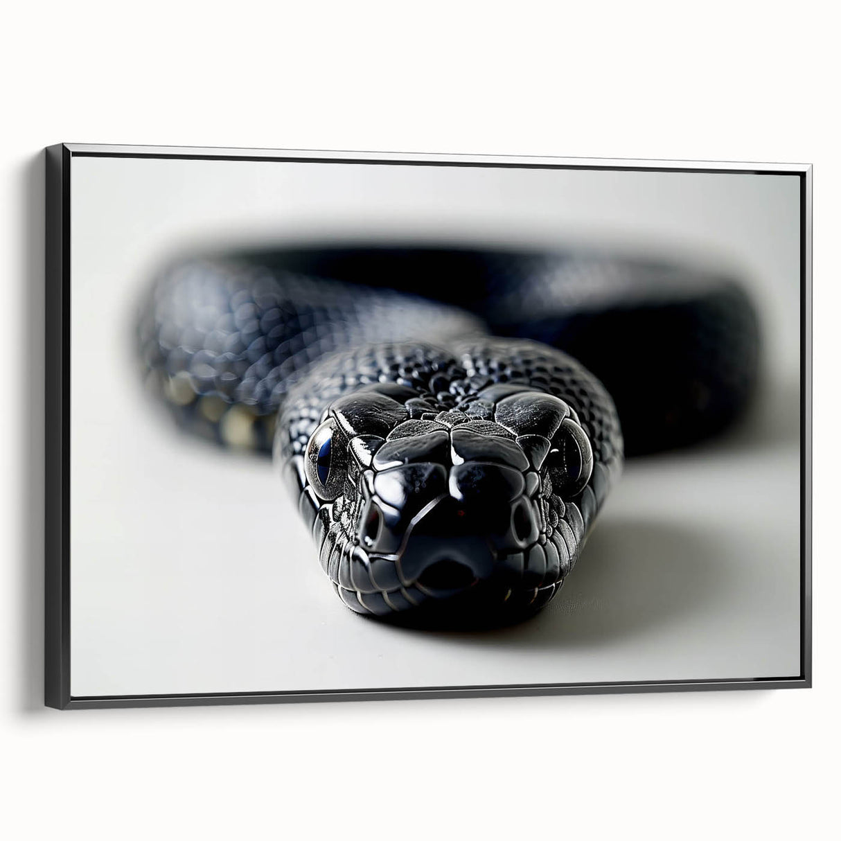 Framed wall art featuring a striking snake design on a textured canvas, showcasing vibrant colors against a sleek black background, perfect for reptile enthusiasts.