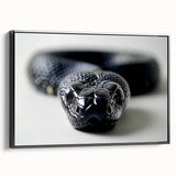 Framed wall art featuring a striking snake design on a textured canvas, showcasing vibrant colors against a sleek black background, perfect for reptile enthusiasts.