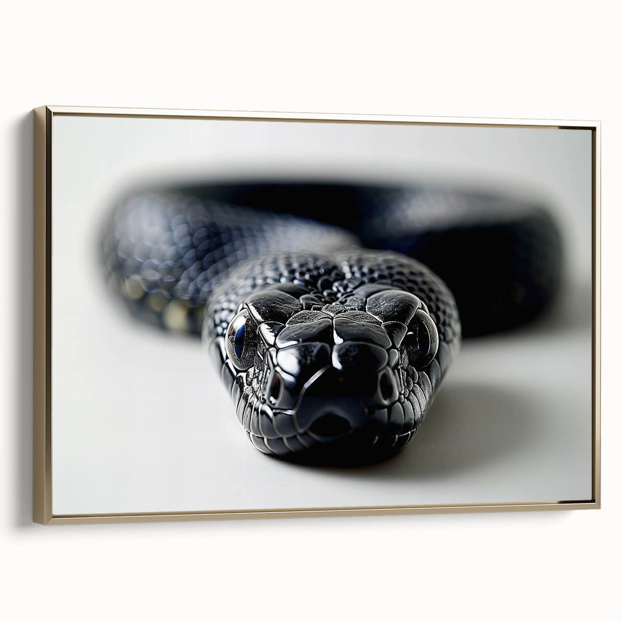 Framed wall art featuring a striking snake design in gold tones, showcasing intricate details and textures, perfect for enhancing modern decor in living spaces.