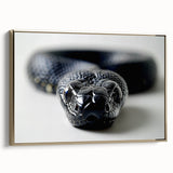 Framed wall art featuring a striking snake design in gold tones, showcasing intricate details and textures, perfect for enhancing modern decor in living spaces.