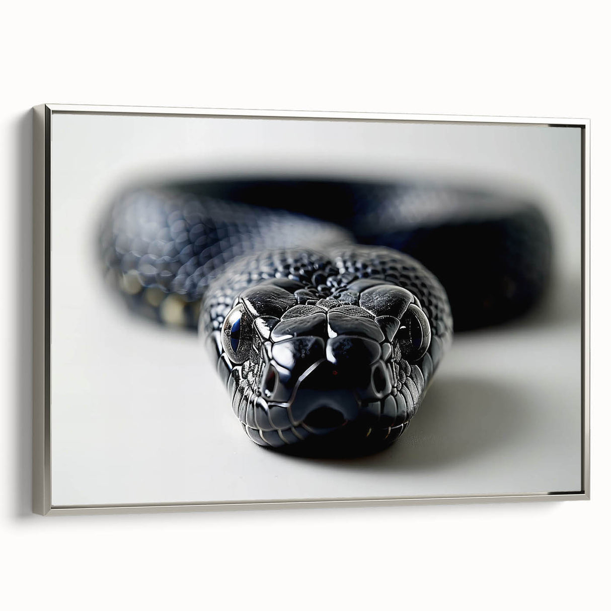 Framed wall art showcasing a detailed silver snake design on textured canvas, perfect for reptile enthusiasts. The piece adds a modern touch to any decor.