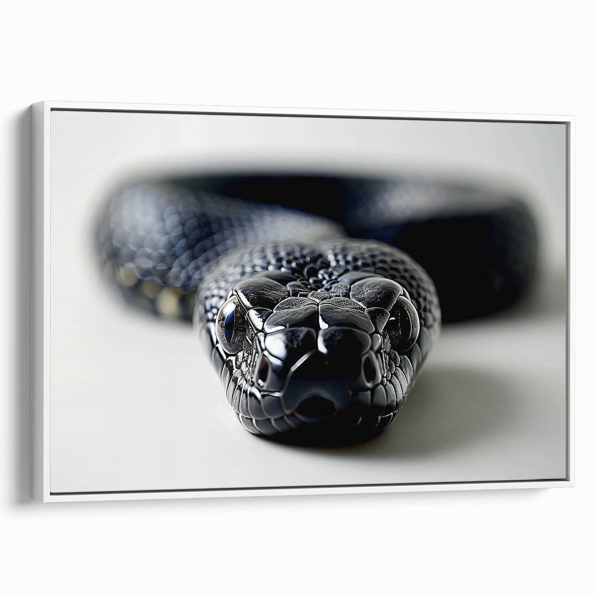 Framed canvas wall art featuring a vibrant snake design in shades of green and yellow, displayed against a white background, ideal for reptile enthusiasts and modern decor.