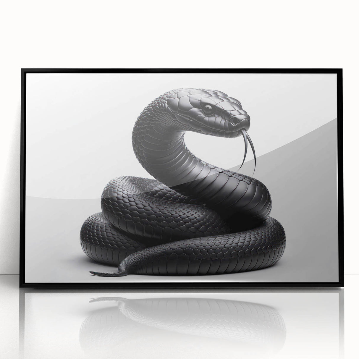 Framed acrylic wall art showcasing a striking reptile snake design in vibrant colors, set against a black background, perfect for modern home decor. This unique piece adds an exotic touch to any living space, appealing to animal lovers and art enthusiasts alike.