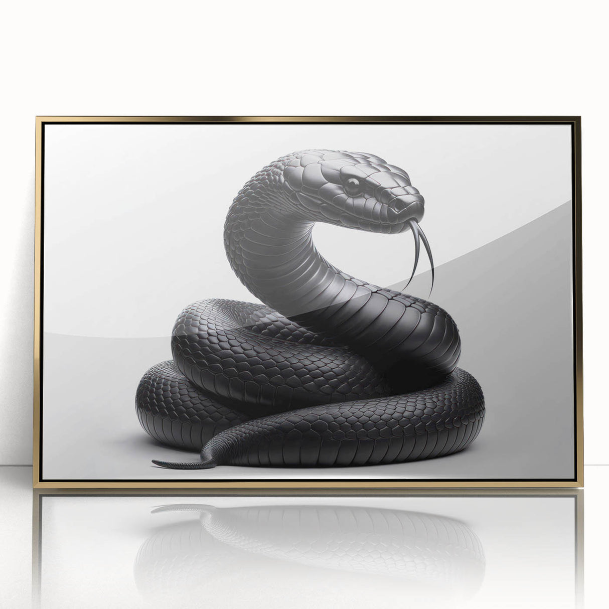 Framed wall art featuring a striking snake design in vibrant colors, highlighted with a gold frame, perfect for reptile lovers and modern decor. The acrylic finish enhances the artwork's details and adds a touch of elegance to any interior space.