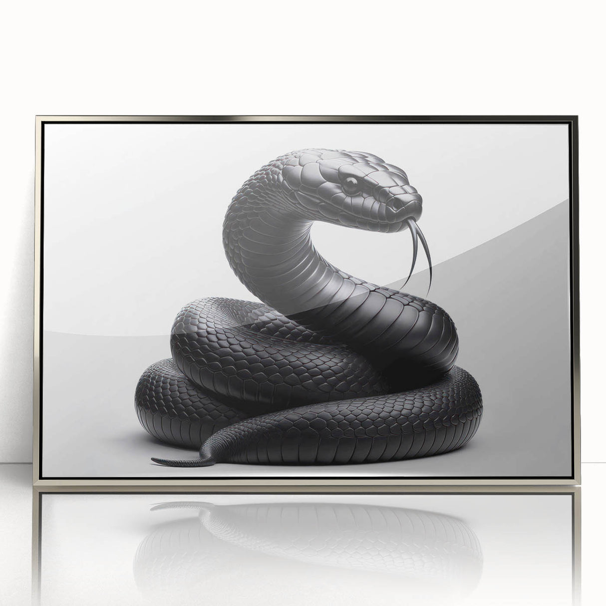 Framed wall art showcasing a sleek silver-acrylic design of a snake, ideal for modern decor, featuring intricate details and vibrant colors to enhance any room.