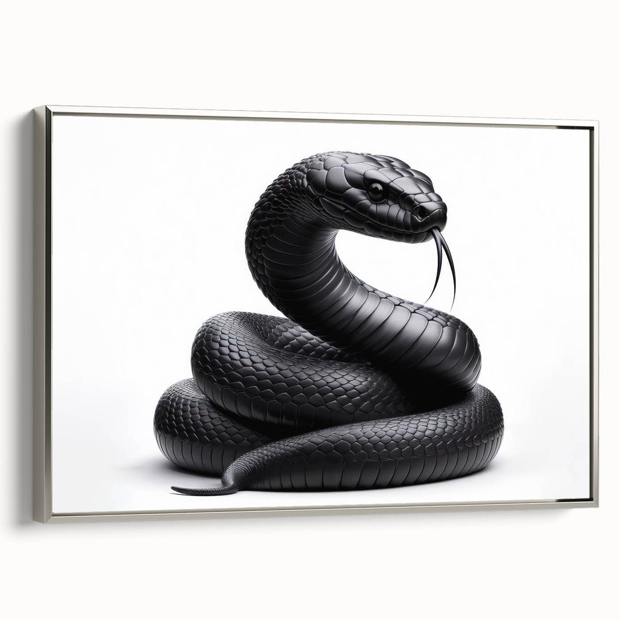 Framed wall art featuring a sleek silver side view of a reptile snake design, showcasing intricate details and vibrant colors, perfect for modern decor.