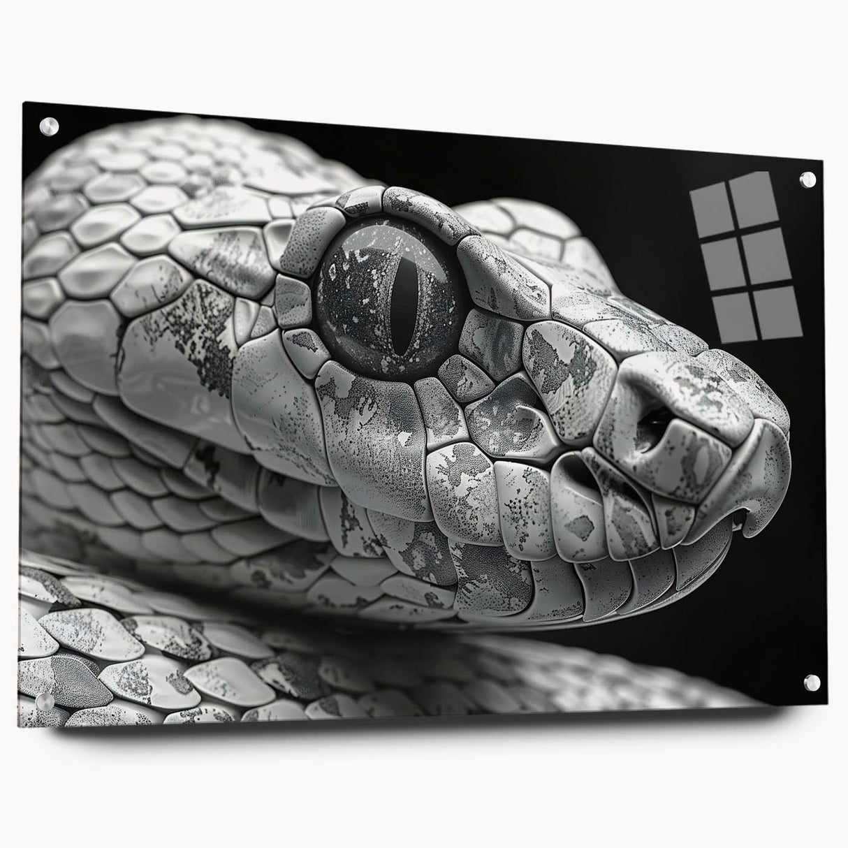 Colorful acrylic glass wall art showcasing a detailed snake design from the reptile collection, displayed with pins for mounting, ideal for nature enthusiasts.