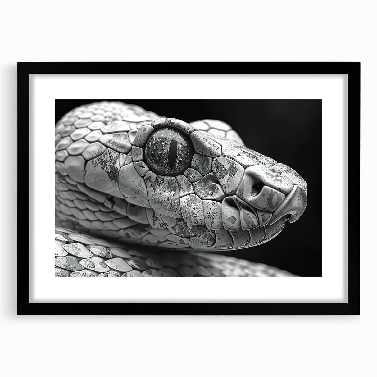 Framed wall art featuring a striking snake design in a black frame with a white mat, showcasing intricate details and vibrant colors, perfect for reptile enthusiasts.