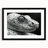 Framed wall art featuring a striking snake design in a black frame with a white mat, showcasing intricate details and vibrant colors, perfect for reptile enthusiasts.