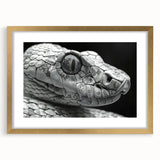 Framed wall art featuring a vibrant snake design in gold tones, displayed with a mat. Ideal for reptile enthusiasts and modern decor lovers, enhancing any space.