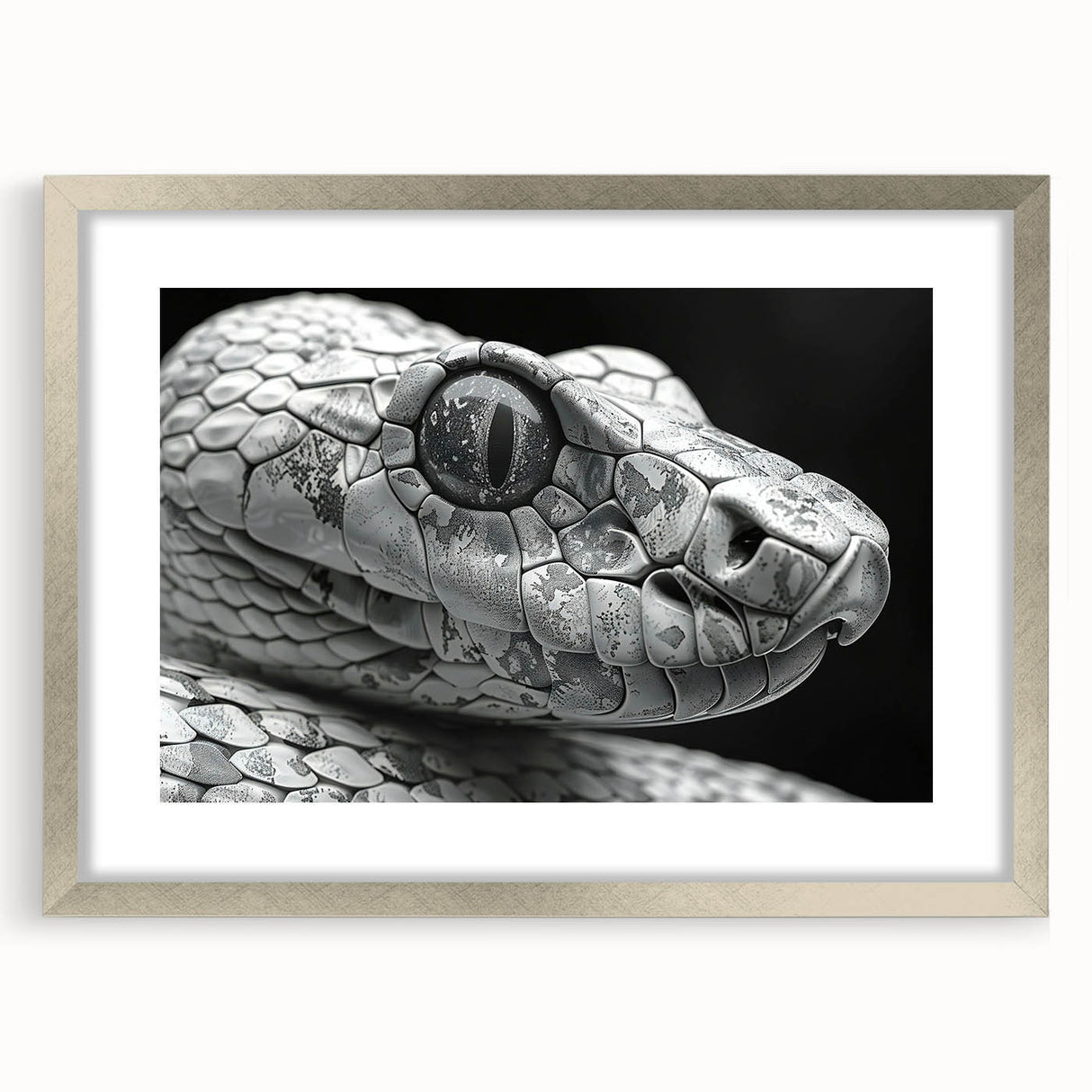 Framed wall art featuring a striking snake design in a silver frame with a white mat, perfect for reptile enthusiasts and modern home decor.