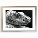 Framed wall art featuring a striking snake design in a silver frame with a white mat, perfect for reptile enthusiasts and modern home decor.