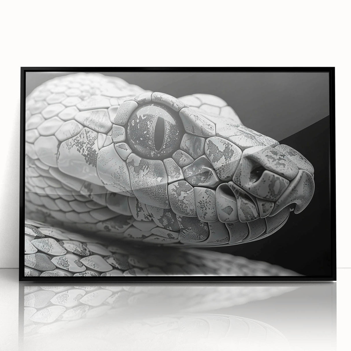 Framed wall art collection showcasing a striking reptile snake design in vibrant colors, featuring a sleek black frame for an elegant touch in home decor.