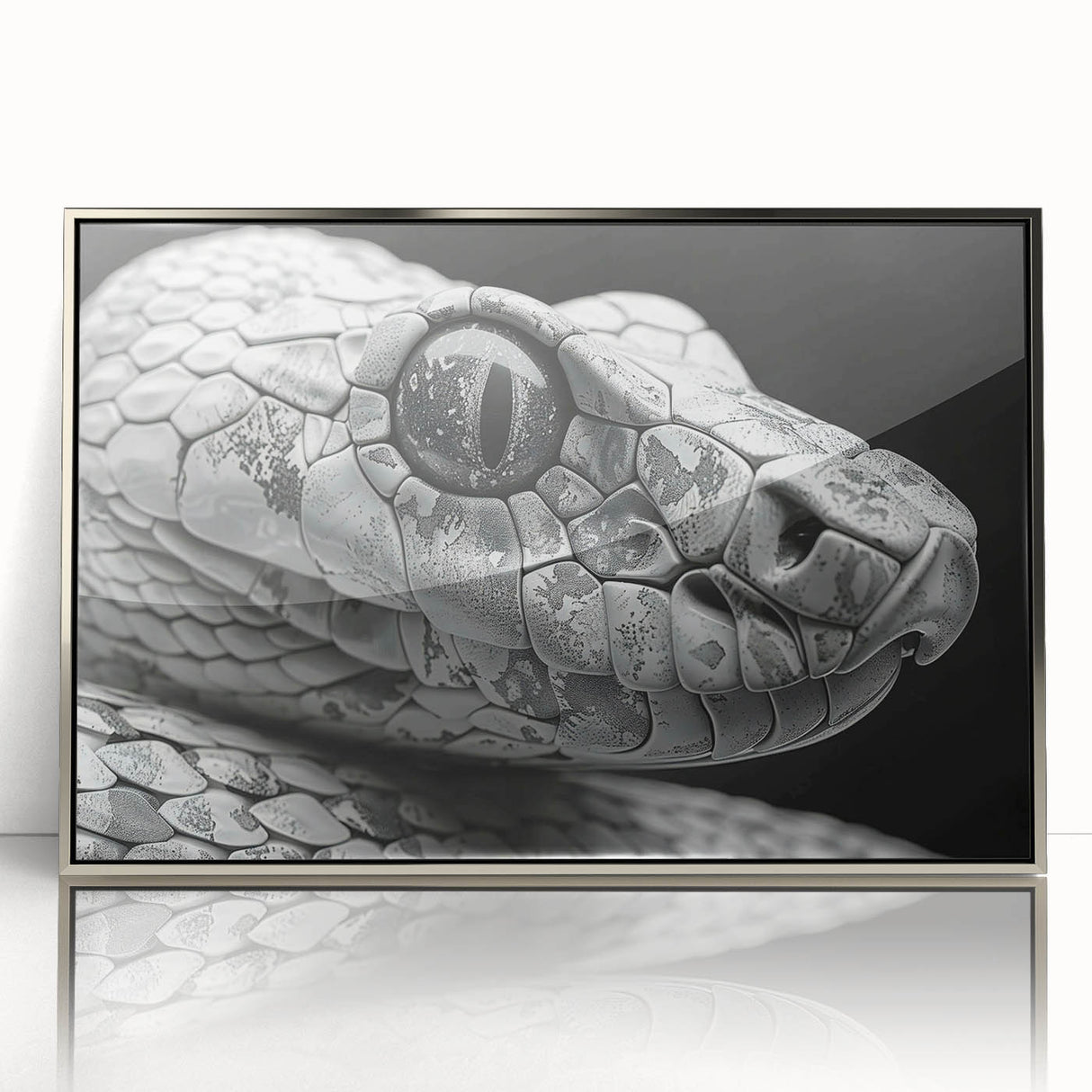 Framed wall art featuring a detailed reptile and snake design in silver acrylic, showcasing intricate patterns and textures against a contemporary backdrop. Ideal for animal lovers and modern decor enthusiasts.