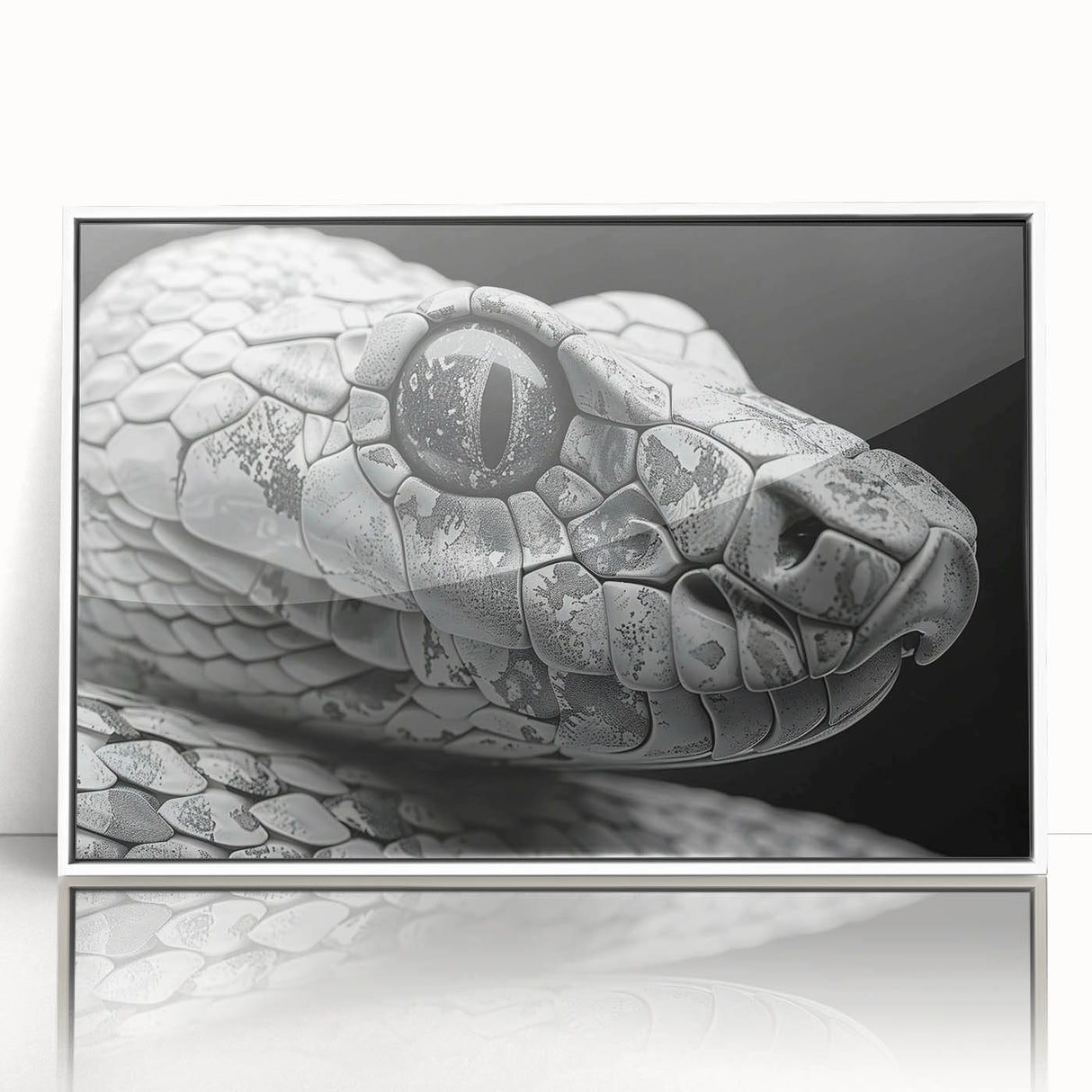 Framed wall art showcasing a vibrant snake design with intricate patterns, set in a sleek white frame, perfect for reptile enthusiasts and modern decor.