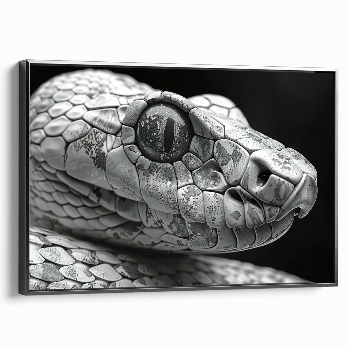 Framed canvas wall art showcasing a detailed snake design, featuring vibrant colors and a sleek black frame, perfect for reptile enthusiasts and modern decor.