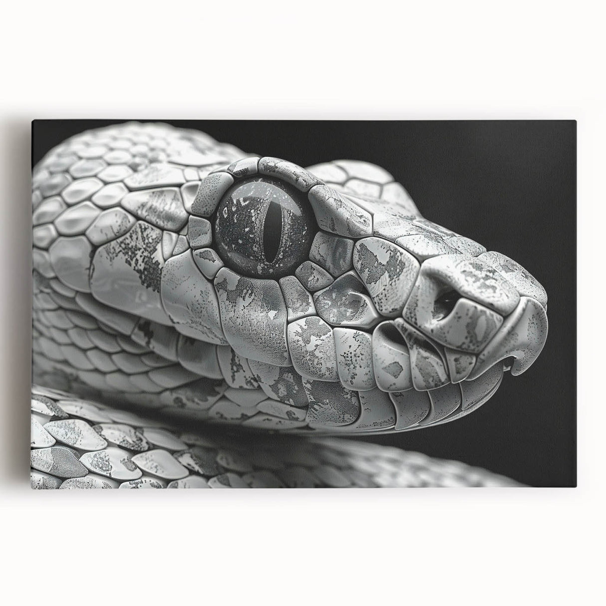 Stretched canvas wall art showcasing a detailed reptile-themed snake design, perfect for enhancing any modern or nature-inspired decor, featuring vibrant colors and intricate patterns.