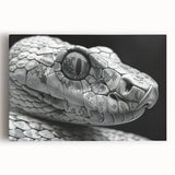 Stretched canvas wall art showcasing a detailed reptile-themed snake design, perfect for enhancing any modern or nature-inspired decor, featuring vibrant colors and intricate patterns.
