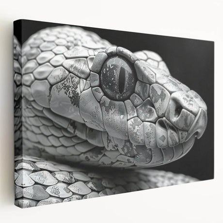 Stretched canvas wall art depicting a vibrant snake design in shades of green and yellow, showcasing intricate details and textures, ideal for reptile enthusiasts.