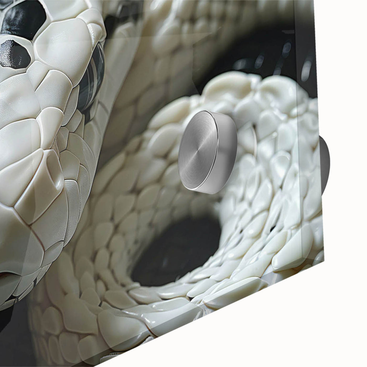 Close-up of a vibrant snake design wall art piece, showcasing intricate details and vivid colors on acrylic glass, ideal for reptile enthusiasts and modern decor.