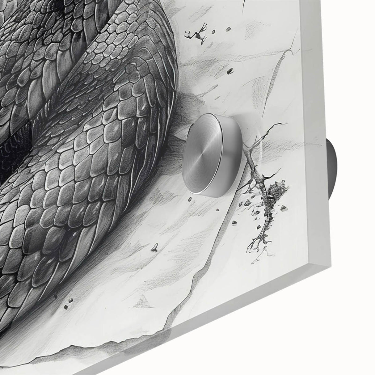 Close-up of a vibrant reptile-themed wall art collection featuring a detailed snake design on acrylic glass, showcasing rich colors and intricate patterns, perfect for enhancing modern decor.