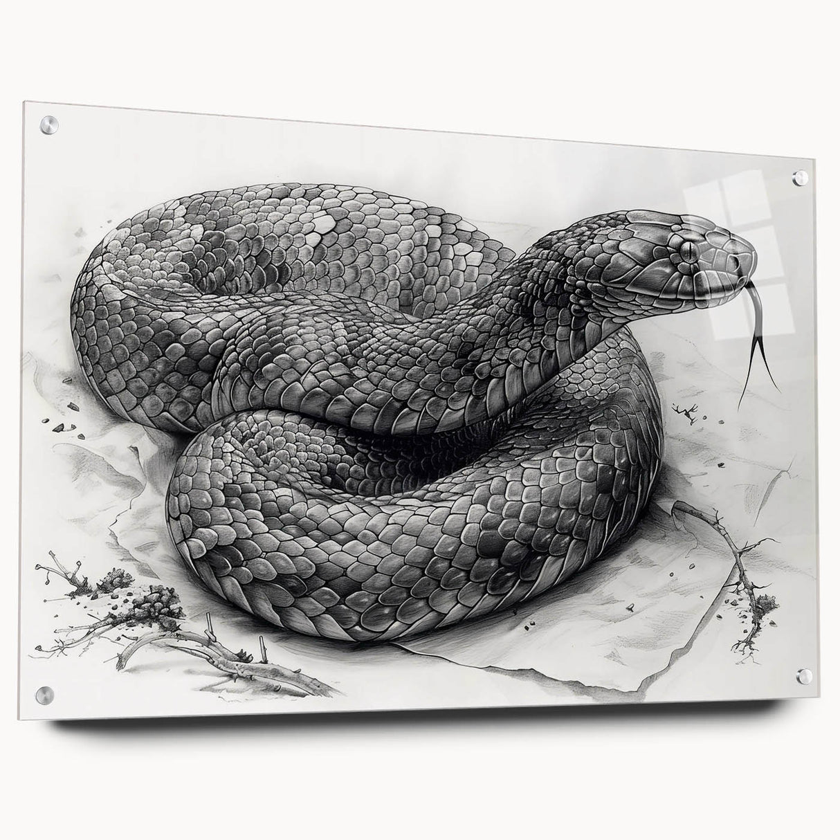 Acrylic wall art showcasing a detailed side view of a reptile snake design, elegantly displayed with pins, ideal for enhancing modern interior decor.