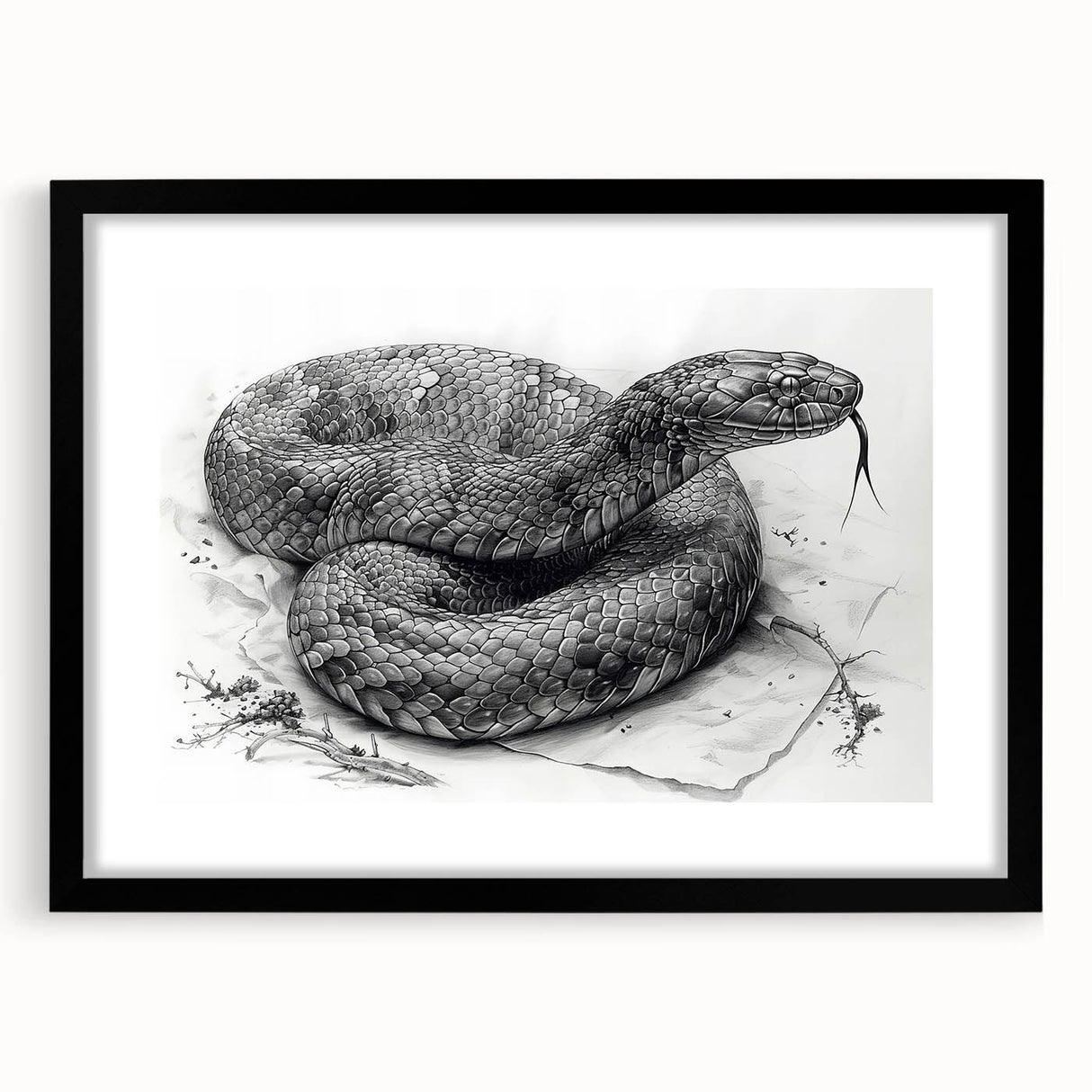 Framed wall art collection featuring a detailed serpent design in vibrant colors, set in a sleek black frame with a white mat, ideal for reptile enthusiasts.
