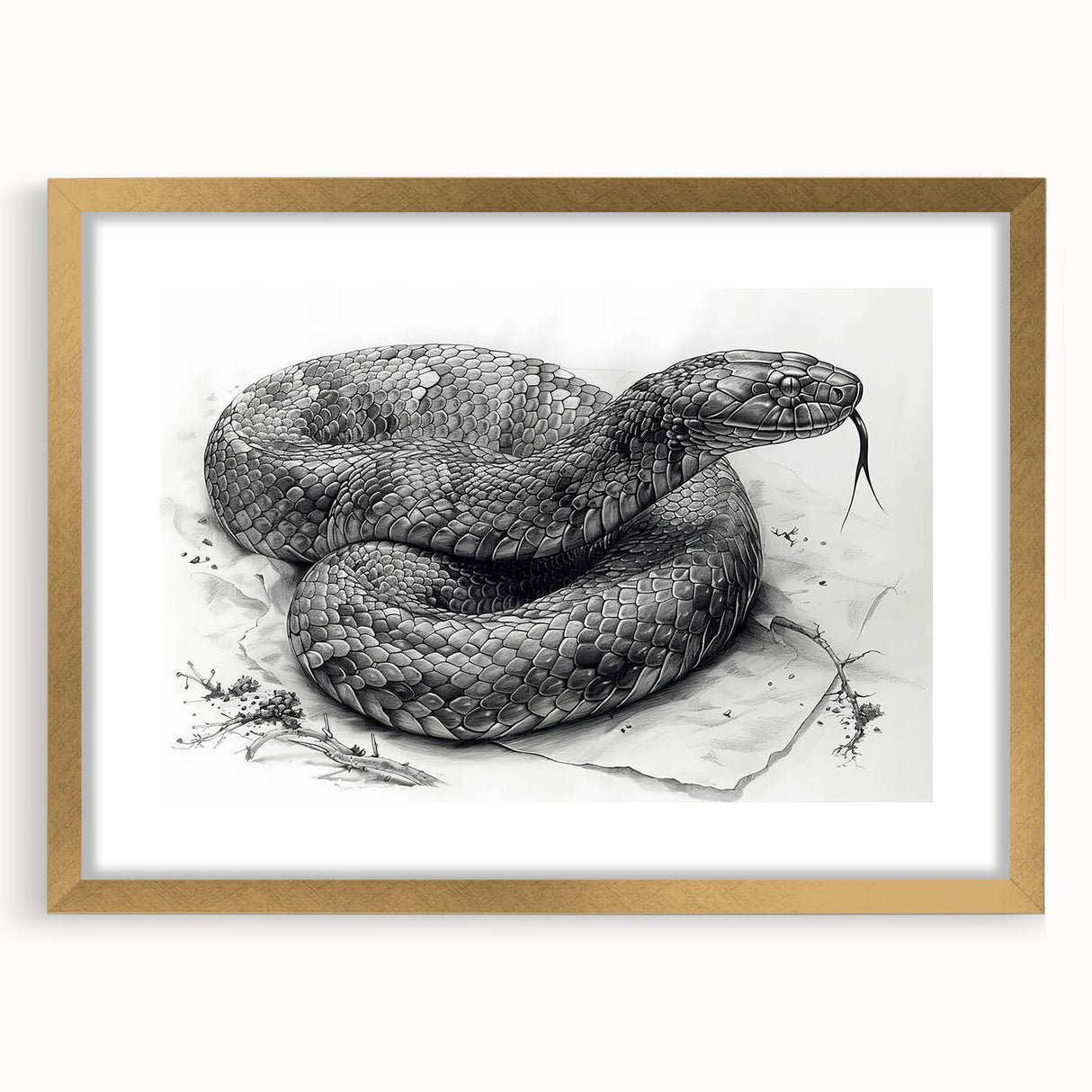 Framed wall art collection featuring a striking reptile snake design in vibrant colors, elegantly displayed with a gold frame and mat, perfect for modern decor.