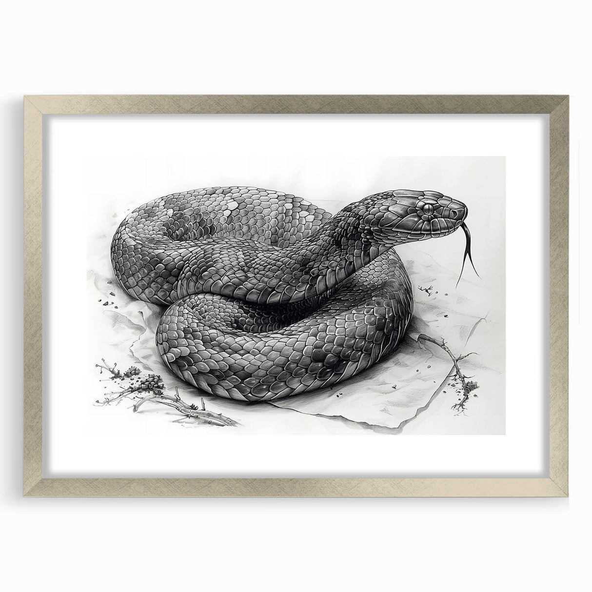 Framed wall art featuring a striking snake design in silver, showcasing intricate details and vibrant colors, perfect for reptile enthusiasts and modern decor.