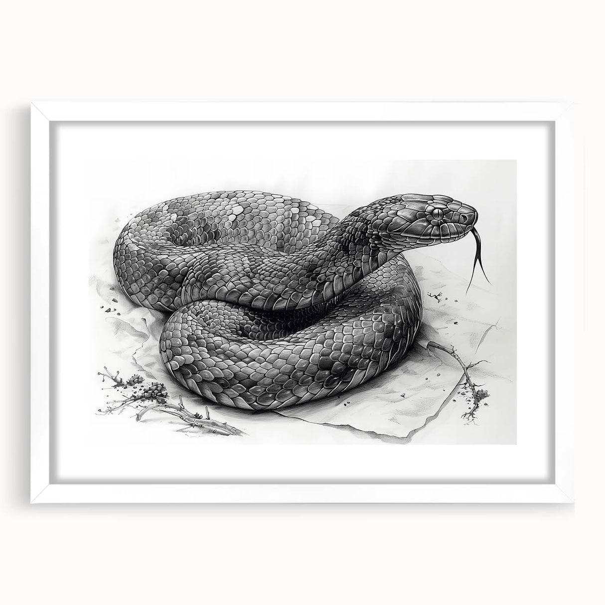 Framed wall art featuring a vibrant snake design with intricate patterns, set in a white mat, perfect for reptile enthusiasts and modern decor.