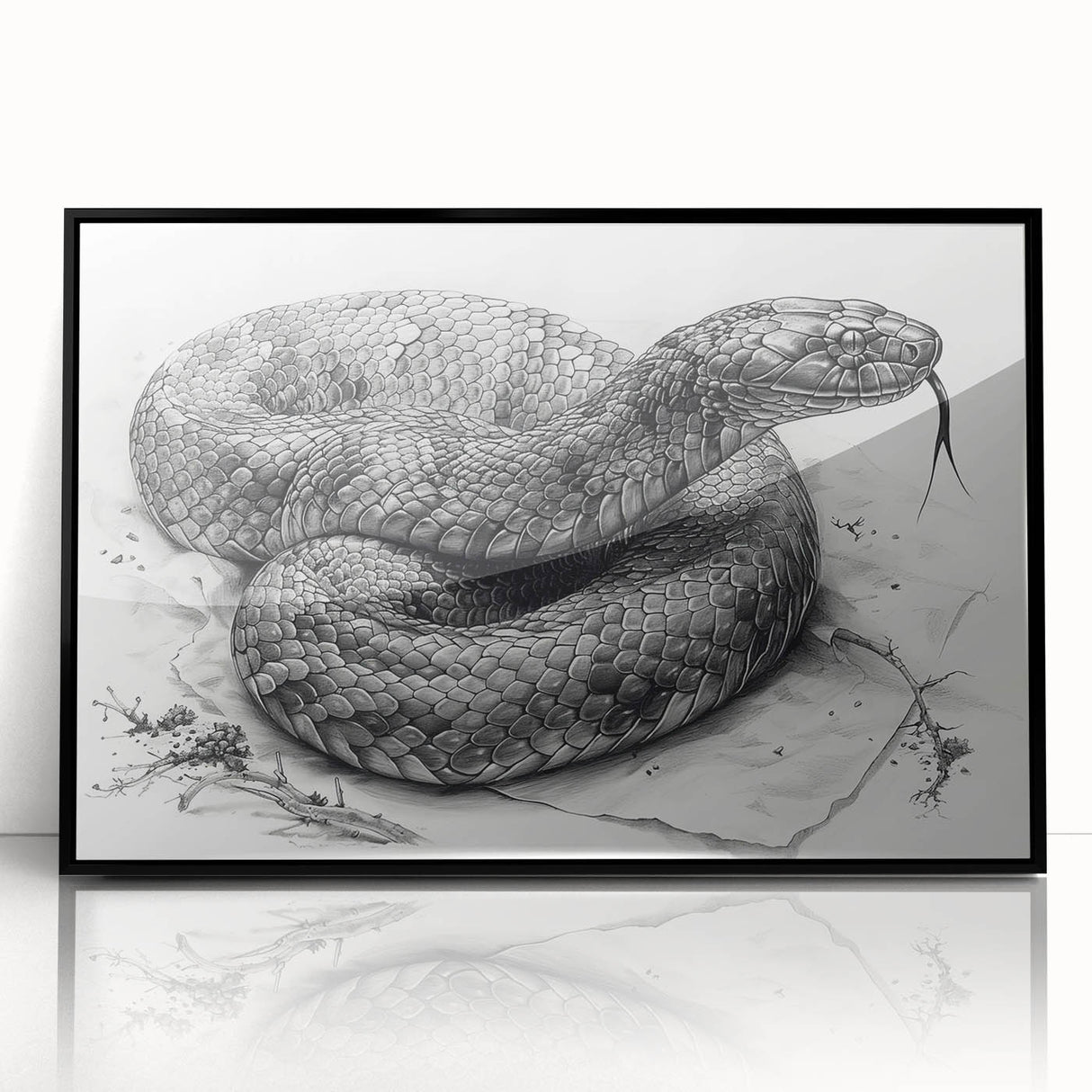 Framed wall art featuring a striking reptile snake design with vibrant colors and intricate details, set in a sleek black frame, perfect for enhancing modern decor.